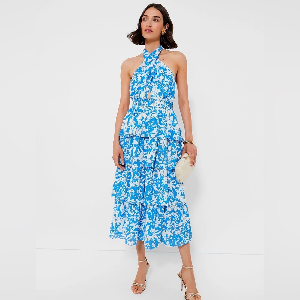Tuckernuck Hyacinth House Blue Floral Halter Tiered Midi Dress